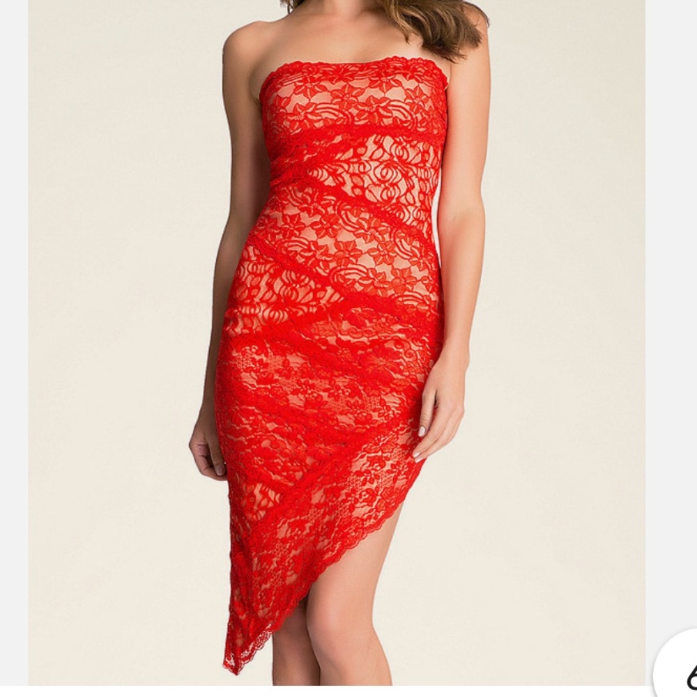 BEBE Strapless Red Lace Bodycon Dress
